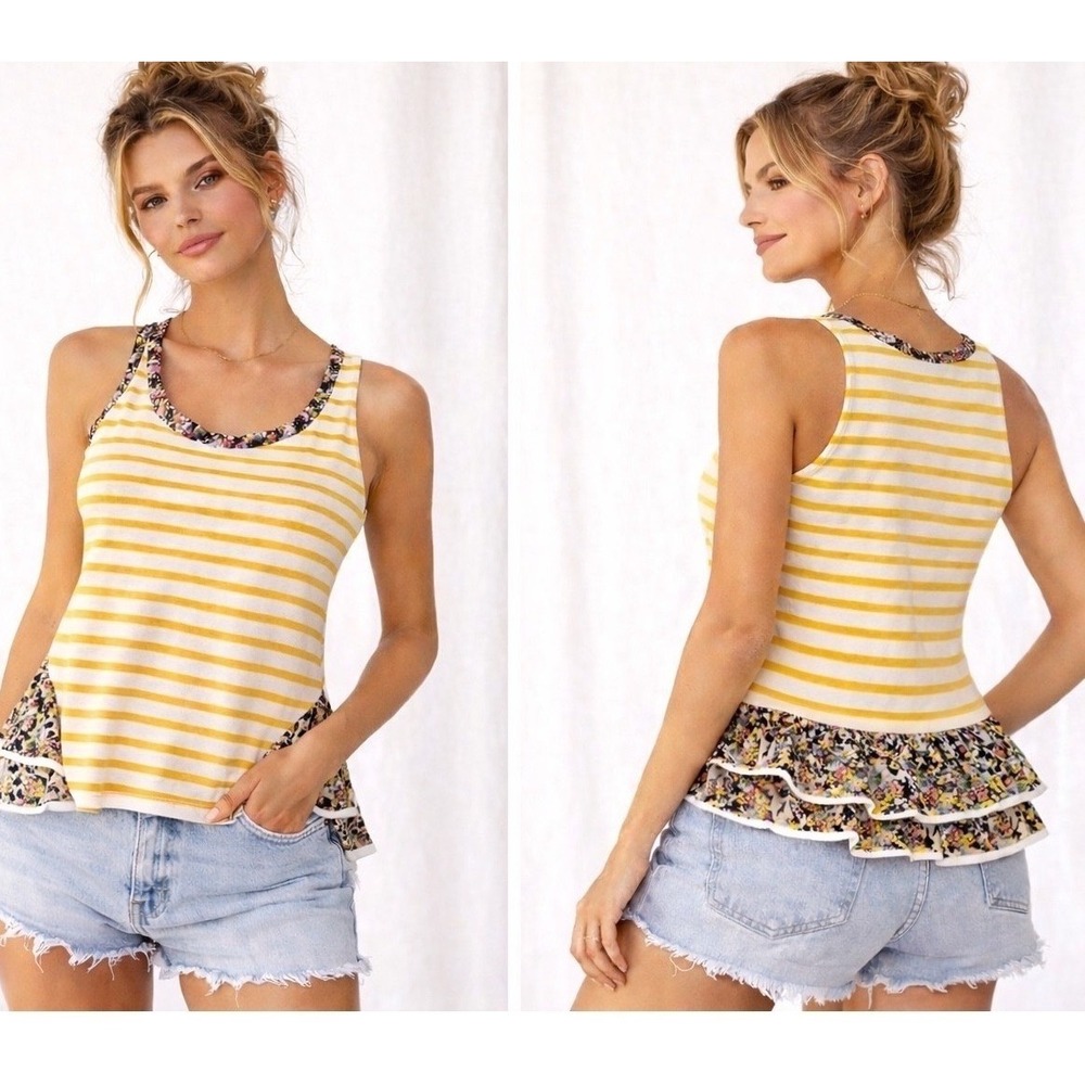 Anthropologie Postmark Yellow Striped Floral Peplum Tank Top XS Sleeveless Mixed